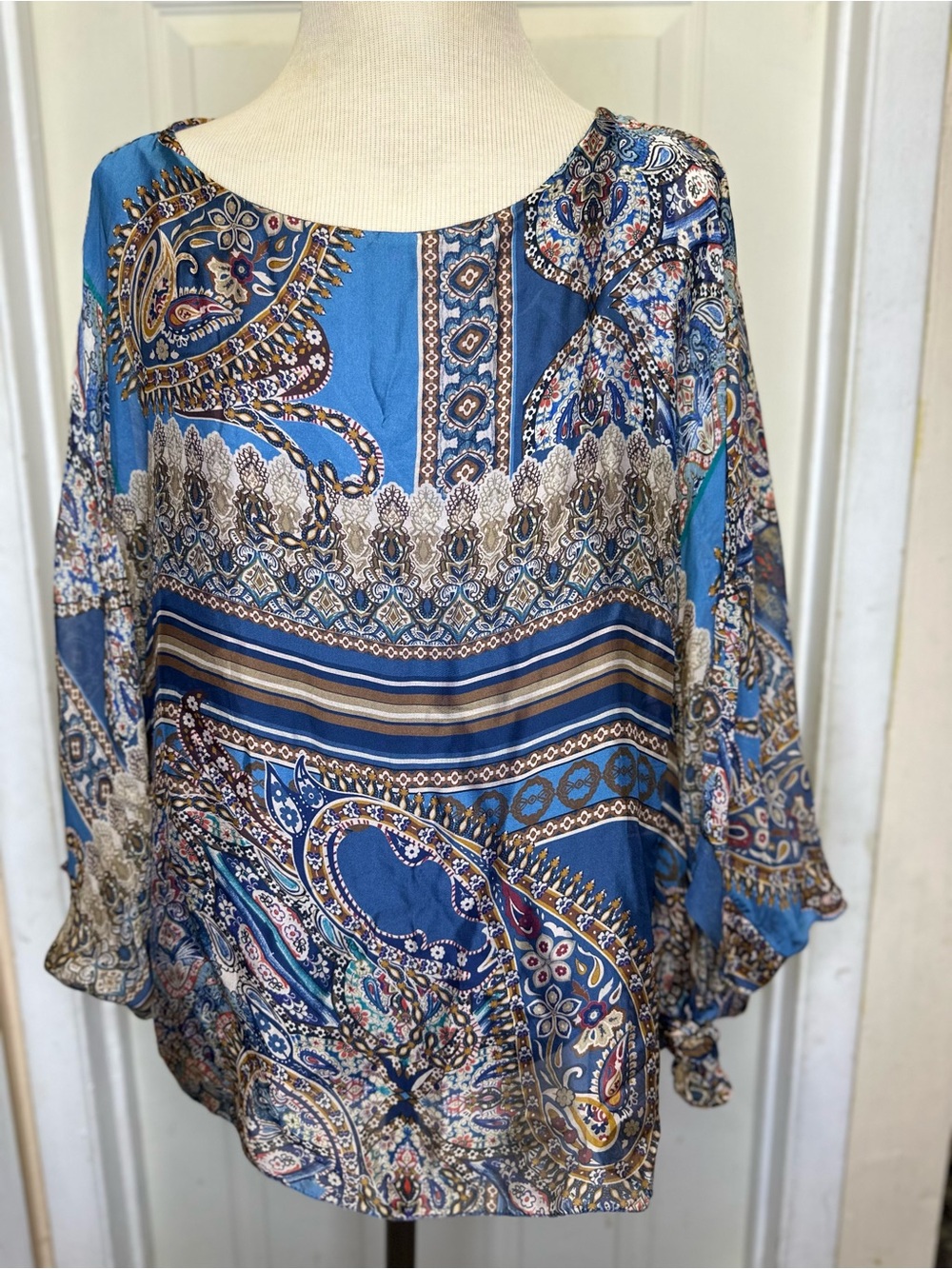 Luxury Made In Italy 100% Silk Layered Tunic Top Blue Medallion Boho Blouse #599